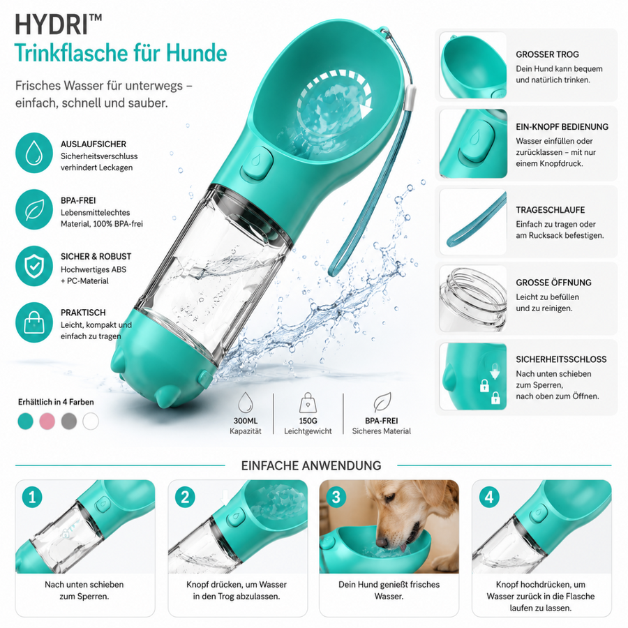 Hundetrinkflasche 3-in-1 – Wasserspender, Kotbeutelspender & Schaufel (2)