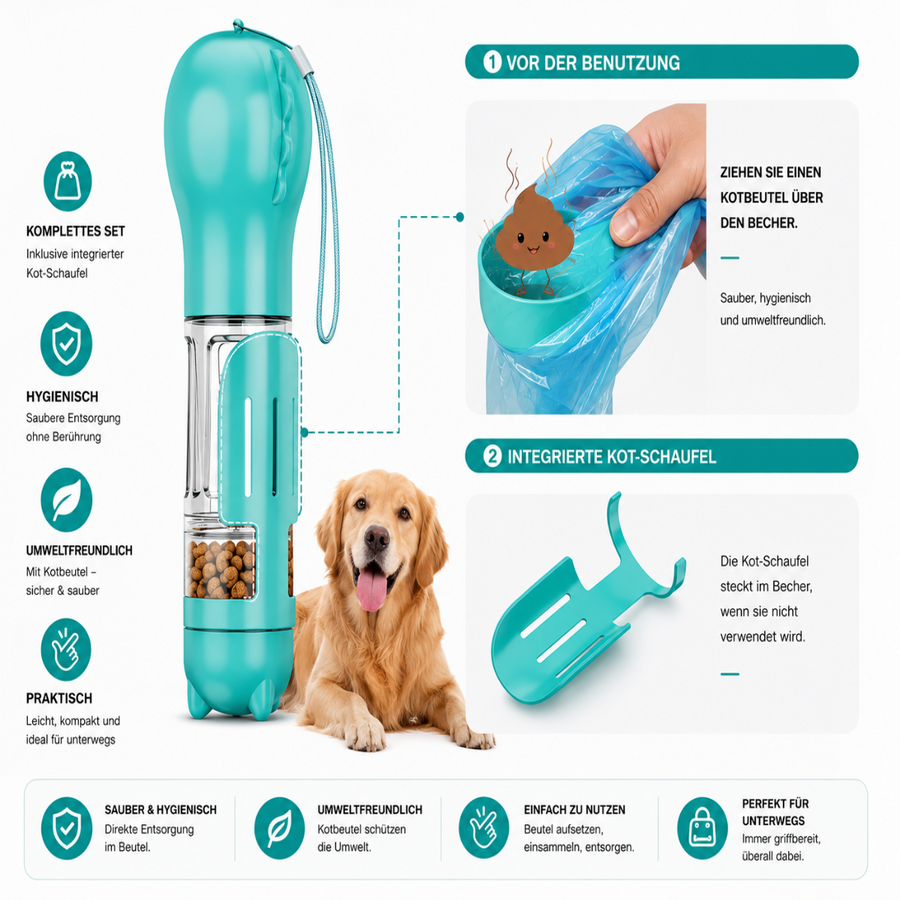 Hundetrinkflasche 3-in-1 – Wasserspender, Kotbeutelspender & Schaufel (4)
